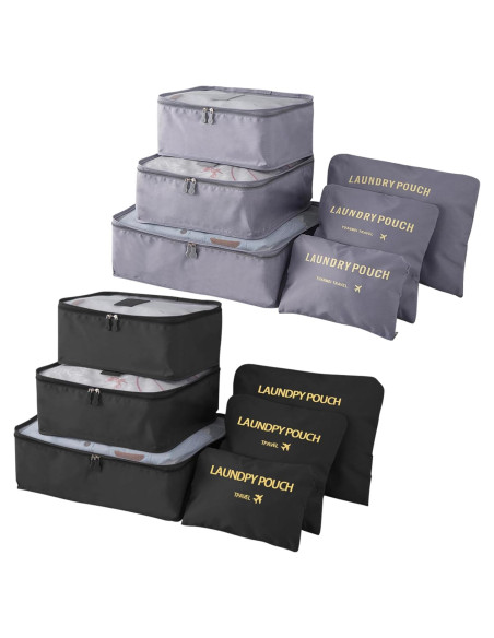 Set de 12 Cubos de Empaque INVODA para Maletas - Negro y Gris
