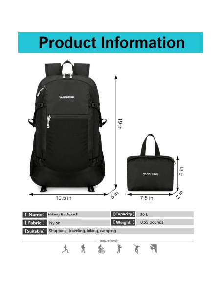 Mochila de Senderismo 30L Unisex YongH Plegable Ligera