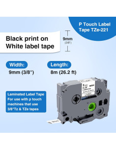 Cinta de Etiquetas Laminadas Kappiek TZe-221 9mm Negro sobre Blanco 2