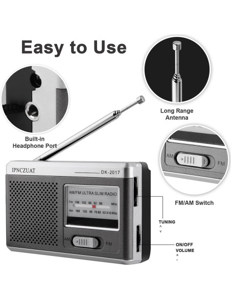 Radio Mini Portátil AM FM IPNCZUAT DK-2017 con Altavoz