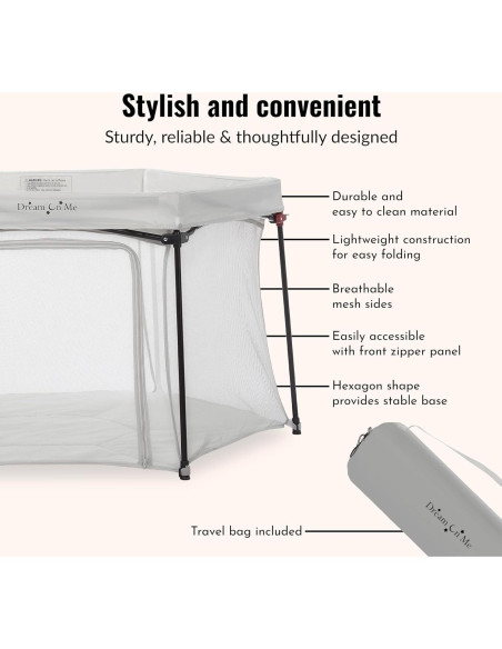 Parque Portátil Dream On Me Onyx Gris - Acolchado y Ligero