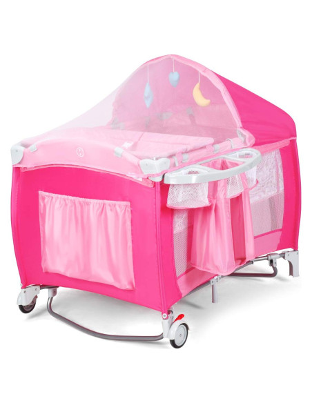 Cuna Plegable Costzon 4 en 1 Rosa con Dosel y Caja de Música
