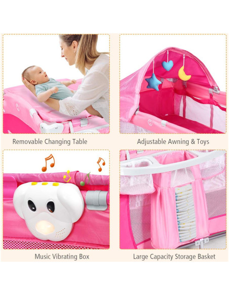 Cuna Plegable Costzon 4 en 1 Rosa con Dosel y Caja de Música
