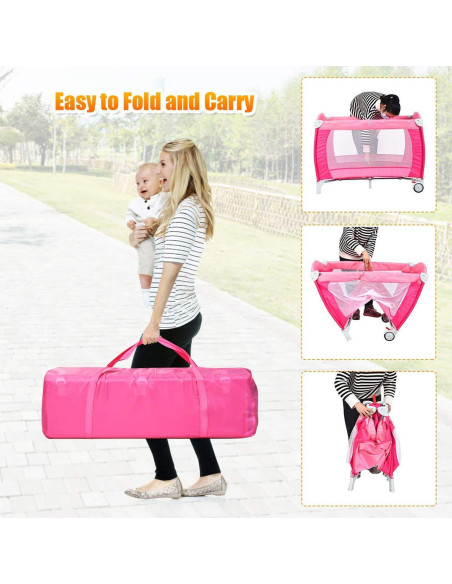 Cuna Plegable Costzon 4 en 1 Rosa con Dosel y Caja de Música