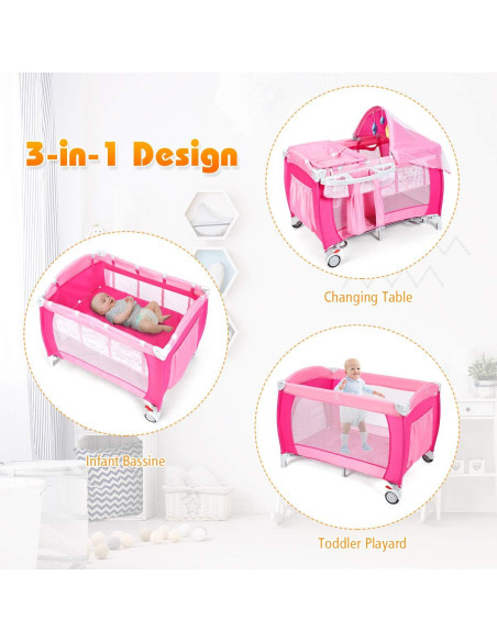 Cuna Plegable Costzon 4 en 1 Rosa con Dosel y Caja de Música