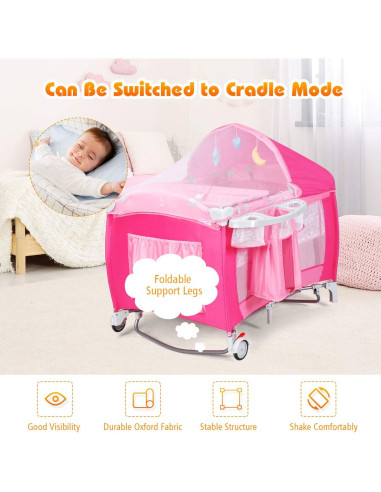 Cuna Plegable Costzon 4 en 1 Rosa con Dosel y Caja de Música