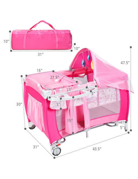 Cuna Plegable Costzon 4 en 1 Rosa con Dosel y Caja de Música