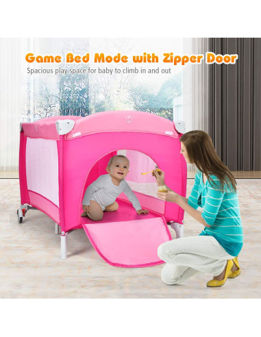 Cuna Plegable Costzon 4 en 1 Rosa con Dosel y Caja de Música