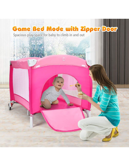 Cuna Plegable Costzon 4 en 1 Rosa con Dosel y Caja de Música