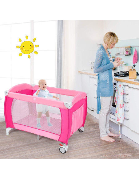 Cuna Plegable Costzon 4 en 1 Rosa con Dosel y Caja de Música