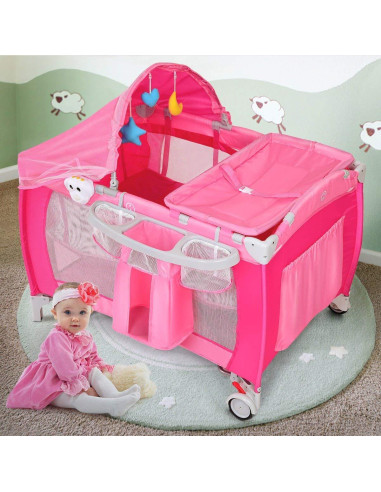 Cuna Plegable Costzon 4 en 1 Rosa con Dosel y Caja de Música