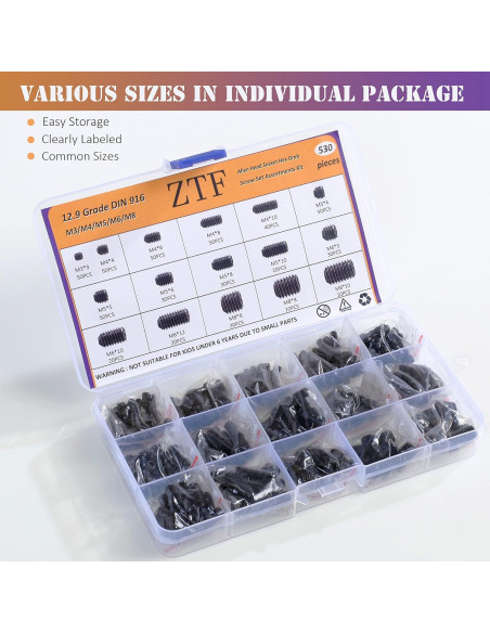Kit de Tornillos de Ajuste M3 a M8 ZTF - 530 Piezas Acero 12.9