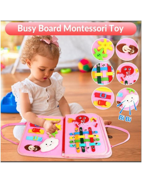 Tablero Ocupado Montessori Whizturtle Rosa 8 en 1 para Niños