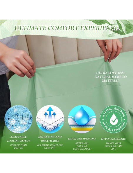 Sábana Ajustada Doble YIYEA Viscosa Bambú 400 Hilos Verde