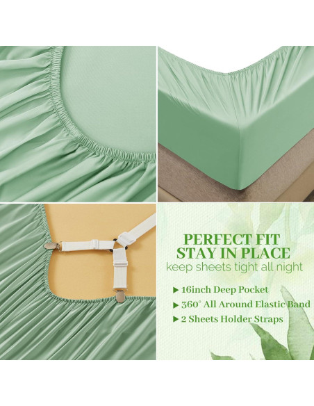 Sábana Ajustada Doble YIYEA Viscosa Bambú 400 Hilos Verde
