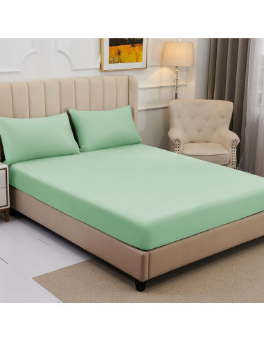Sábana Ajustada Doble YIYEA Viscosa Bambú 400 Hilos Verde
