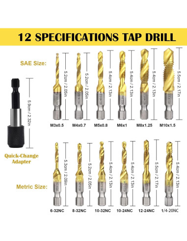 Juego de Brocas y Machos Combinados Herism 13 Piezas Titanio