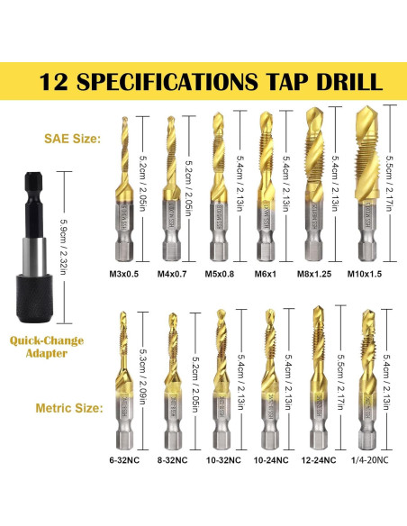 Juego de Brocas y Machos Combinados Herism 13 Piezas Titanio