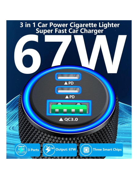 Cargador de Coche Rápido 67W Rombica 3 Puertos USB-C y USB-A