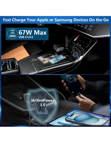 Cargador de Coche Rápido 67W Rombica 3 Puertos USB-C y USB-A