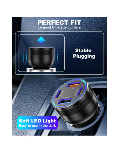 Cargador de coche USB C Agtray 65W 4 puertos con cables 2m