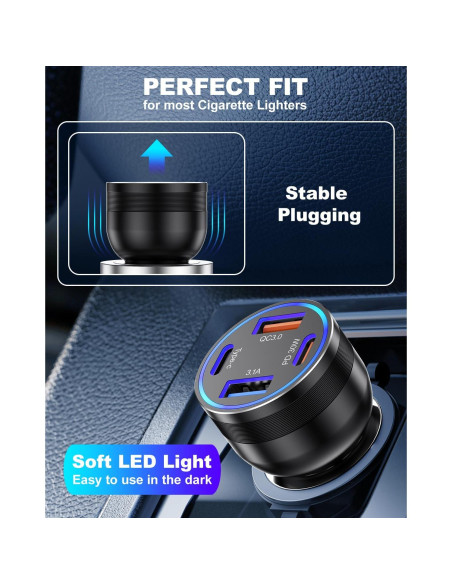 Cargador de coche USB C Agtray 65W 4 puertos con cables 2m