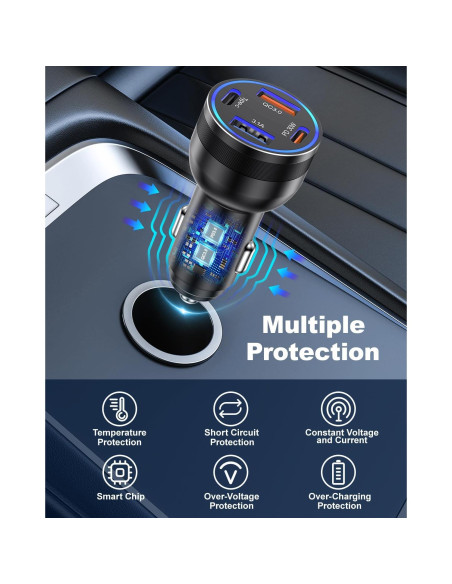 Cargador de coche USB C Agtray 65W 4 puertos con cables 2m