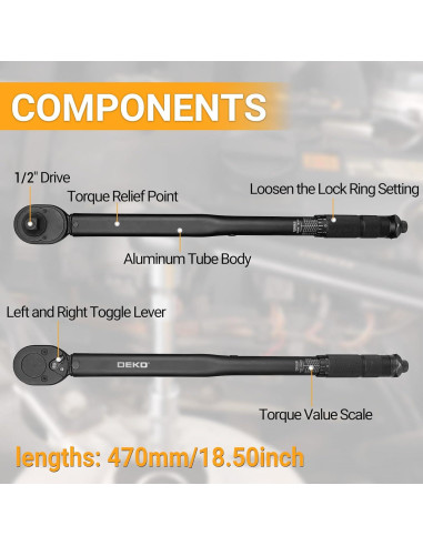 Llave de Torque DEKOPRO 1/2" Doble Dirección 10-150 Ft-Lb