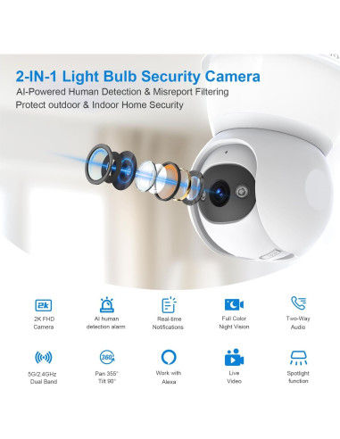 Cámara de Seguridad con Bombilla JCMNETE 2K WiFi 5G/2.4GHz