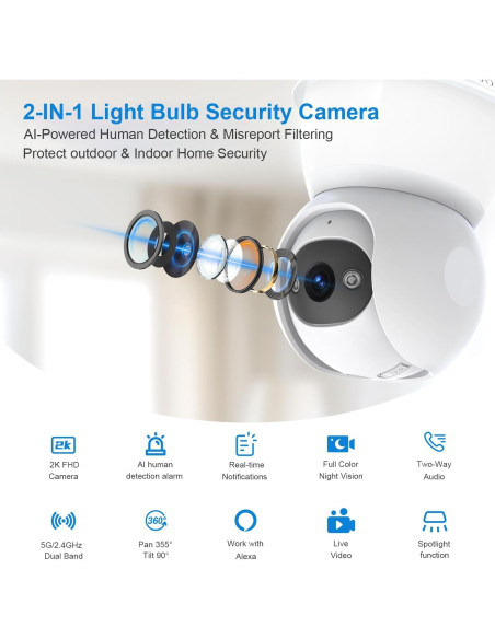 Cámara de Seguridad con Bombilla JCMNETE 2K WiFi 5G/2.4GHz
