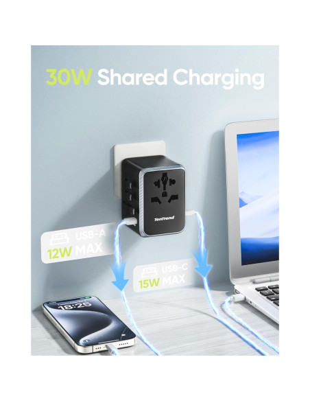 Adaptador de Viaje Universal TenTrend 30W 6-en-1 USB-C y USB-A Adaptador de Viaje Universal TenTrend 30W 6-en-1 USB-C y USB-A