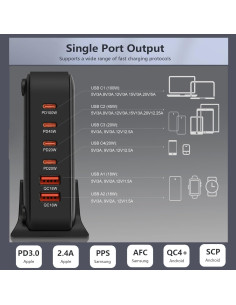 Cargador USB C 220W GaN III 6 Puertos Rápido QC4.0 Negro 2