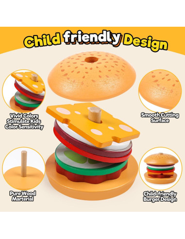 Juguete de Clasificación y Apilamiento Kizh Hamburguesa de Madera