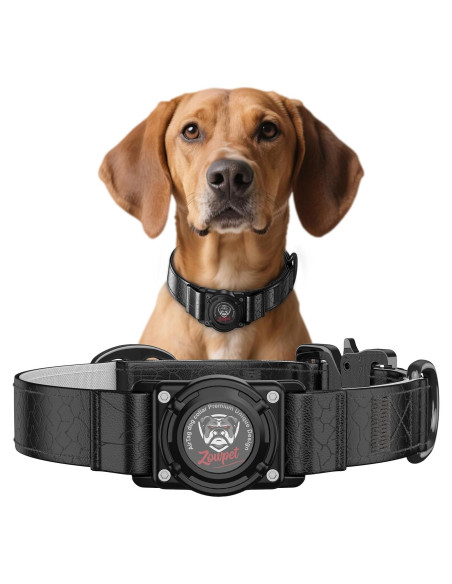 Collar de Cuero para Perro Zowpet con Soporte AirTag Negro M