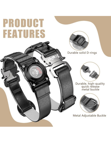 Collar de Cuero para Perro Zowpet con Soporte AirTag Negro M