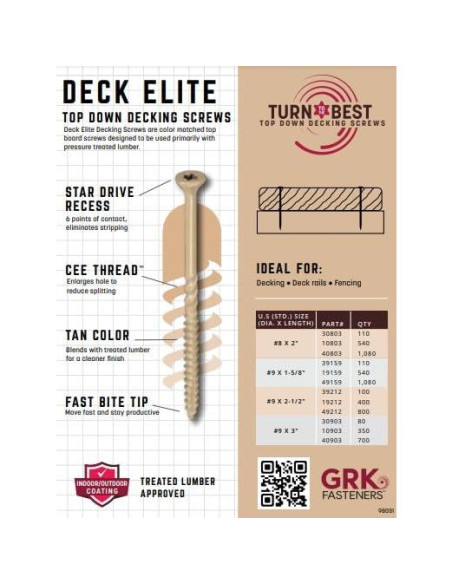 Tornillos Elite para Deck GRK 30803 110 Unidades 5.08 cm
