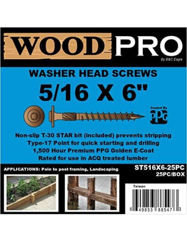 Tornillos para Madera WoodPro ST516X6-25PC 5/16" x 15.24 cm Dorado
