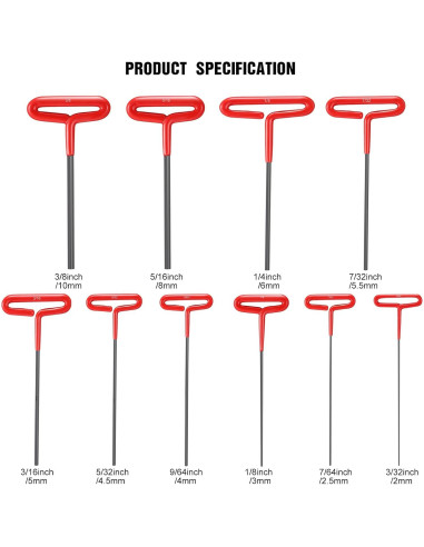 Conjunto de Llaves Hexagonales T-handle 10 Piezas Honoson 22.86 cm