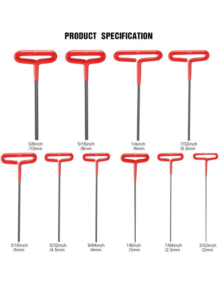 Conjunto de Llaves Hexagonales T-handle 10 Piezas Honoson 22.86 cm