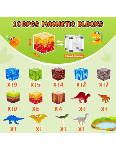 100 Bloques Magnéticos de Dinosaurios Aleath 2.54 cm para Niños