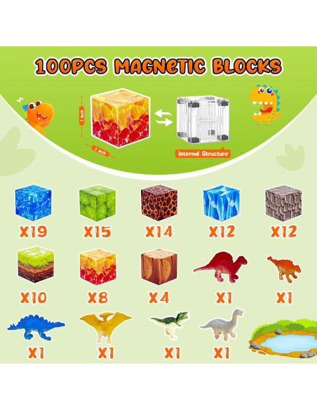 100 Bloques Magnéticos de Dinosaurios Aleath 2.54 cm para Niños