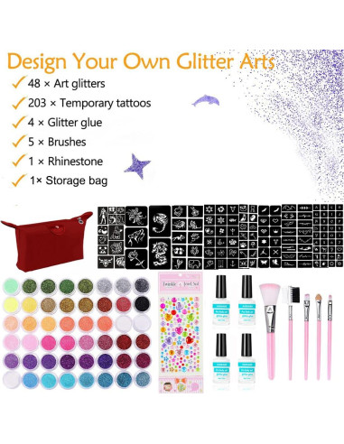 Kit de Tatuajes Temporales de Brillo NATUMER 48 Colores