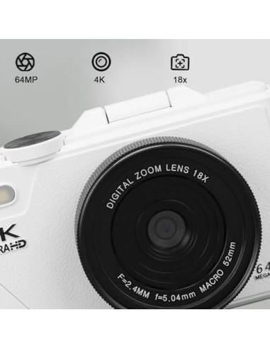 Cámara Digital Zunate 64MP 4K UHD Vlogging Zoom 18X Blanco