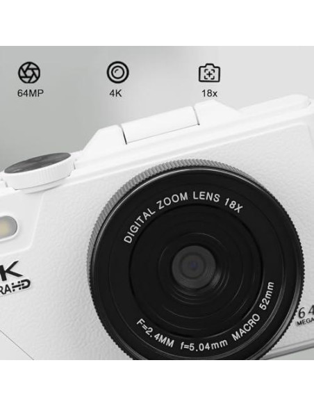Cámara Digital Zunate 64MP 4K UHD Vlogging Zoom 18X Blanco