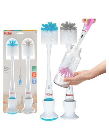 Cepillo para Botellas Nuby 2 Piezas Azul y Gris con Soporte