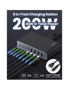 Cargador USB C 200W GaN IV 8 Puertos Rápido QC4.0 Negro 2