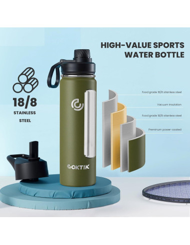 Botella de Agua Aislada COKTIK 22 oz Acero Inoxidable Verde Militar