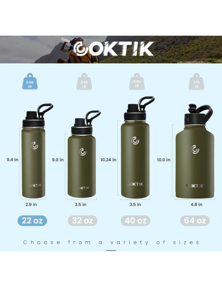 Botella de Agua Aislada COKTIK 22 oz Acero Inoxidable Verde Militar