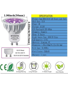 Paquete de 4 Bombillas LED Luz Negra RYVOSTH GU10 6W UVA 2