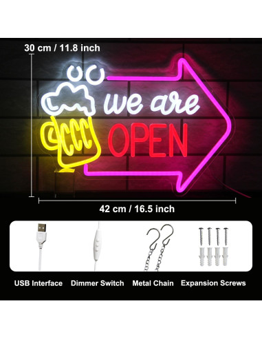 Señal de Neón Abierto Kullneon con Flecha 42x30 cm